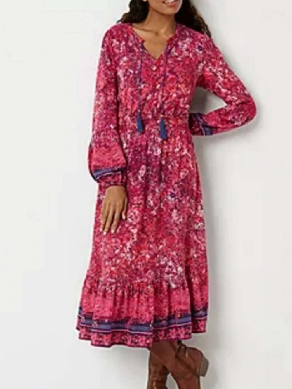 Frye & Co. Long sleeve Peasant Canyon Cranberry Pink & Blue Maxi Dress Size XL